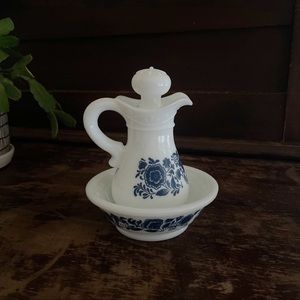 Avon | Vintage Milk Glass Pitcher Style Bath Oil Bottle With Bowl